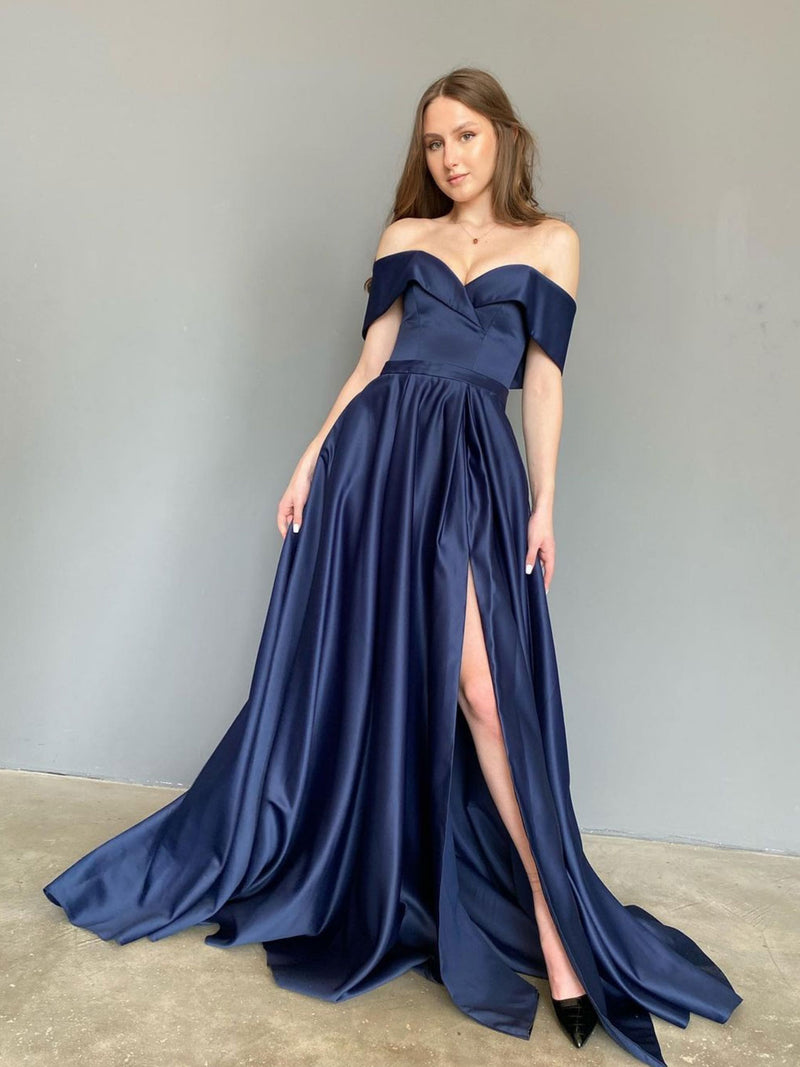 Satin Dark Blue Graduation Dresses Blue Sweetheart Off Shoulder