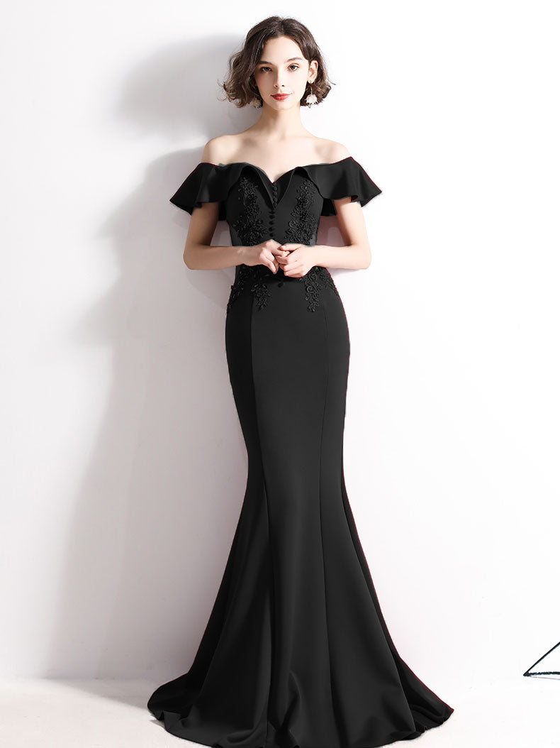 Burgundy Off Shoulder Satin Lace Long Prom Dress, Burgundy Evening Dresses