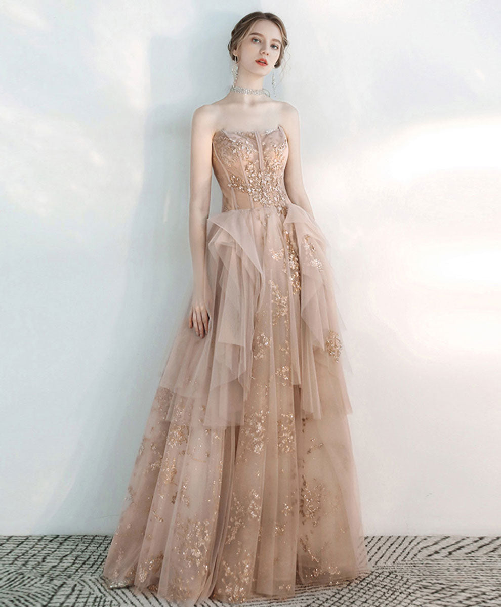 Champagne Sweetheart Tulle Lace Long Prom Dress, Sequin Formal Graduation Dress