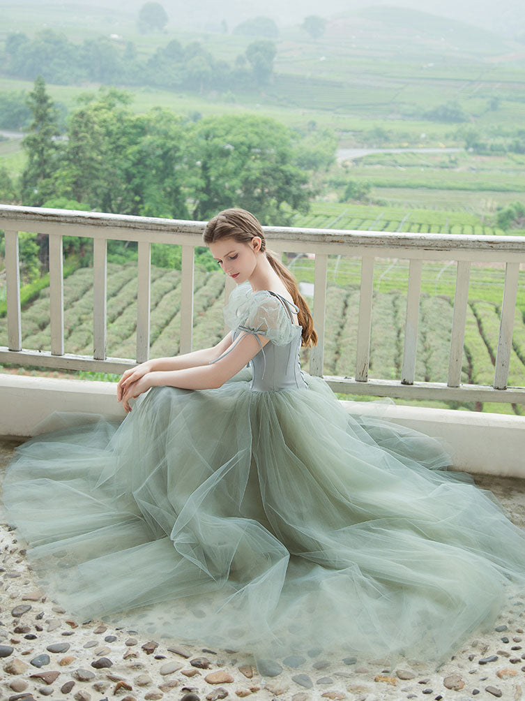 Simple Green Tulle Long Prom Dress, Green Tulle Evening Dress