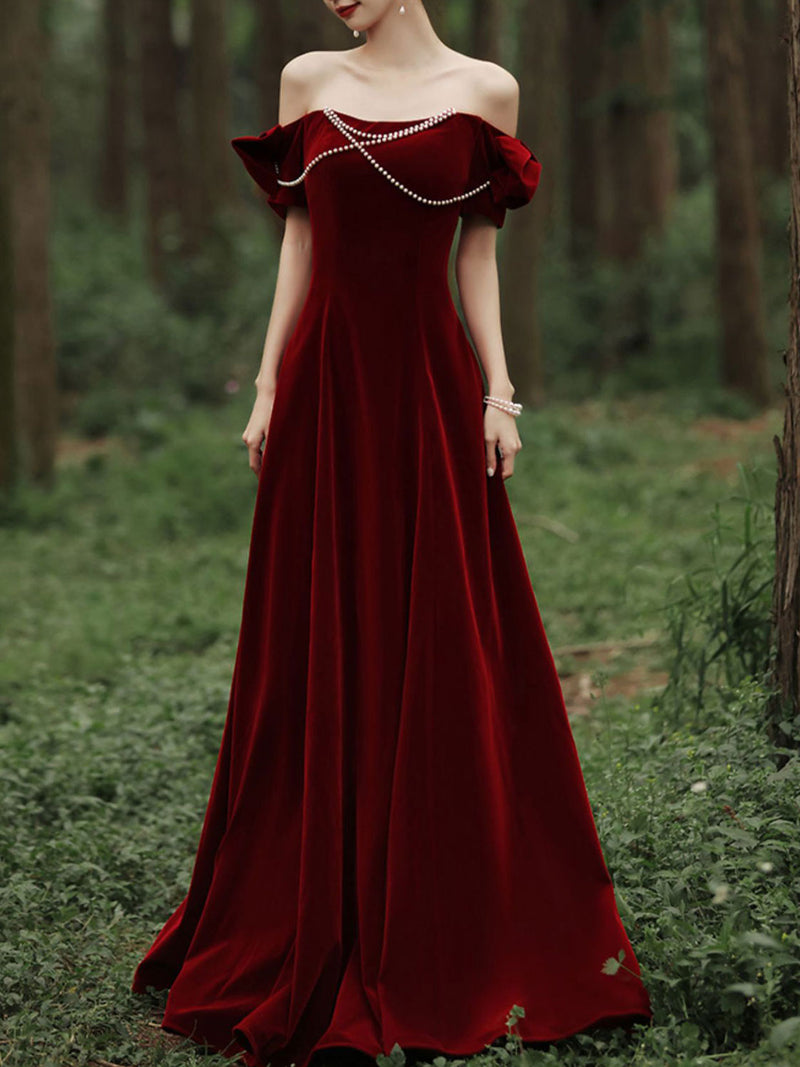 Velvet A Line Burgundy Long Prom Dress, Burgundy Formal Evening Dresses Velvet A Line Burgundy Long Prom Dress, Burgundy Formal Evening Dresses