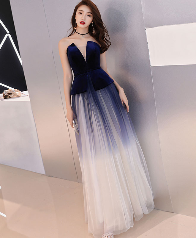 A-Line Tulle Dark Blue Long Prom Dress, Tulle Evening Dress – shopluu
