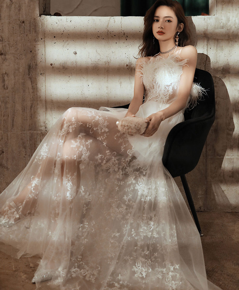 White Sweetheart Dress Tulle Lace Long Prom Dress Evening Dress