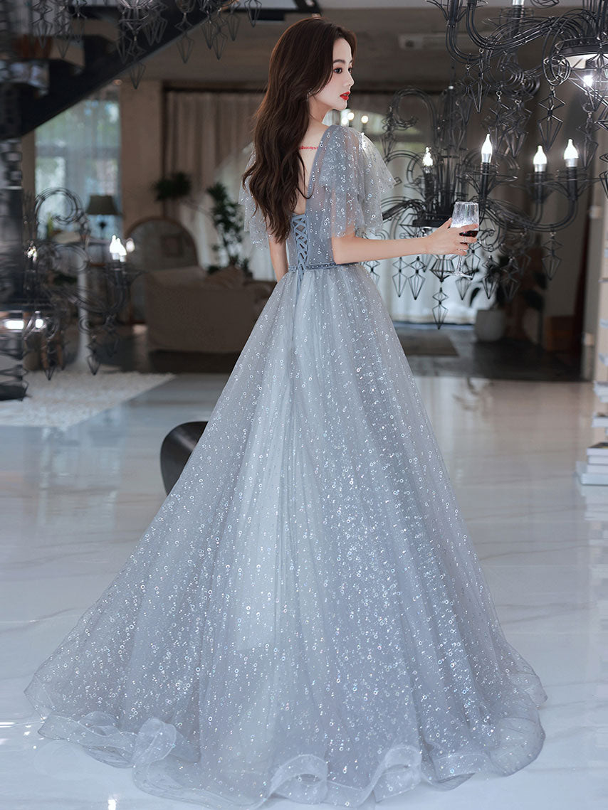 Gray V Neck Tulle Long Prom Dress, Gray A line Evening Dress