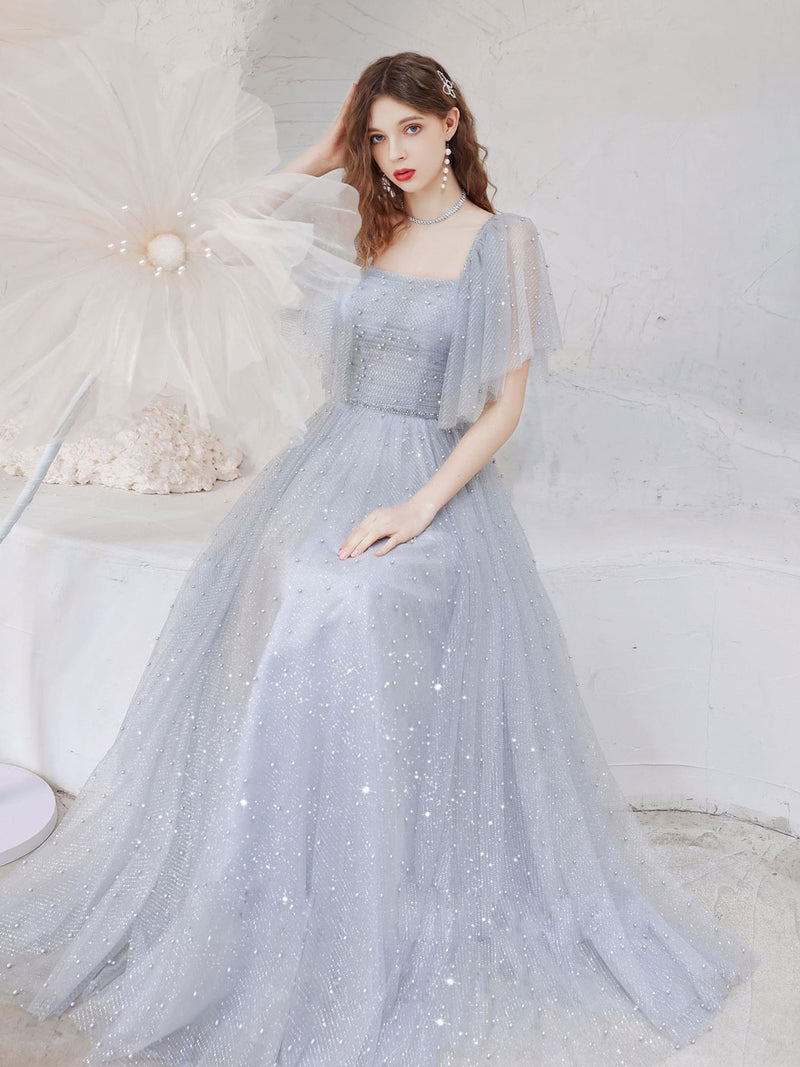A-Line Square Neckline Tulle Gray Long Prom Dress, Gray Formal Dresses US 12 / Custom Color A-Line Square Neckline Tulle Gray Long Prom Dress, Gray Formal Dresses US 12 / Custom Color