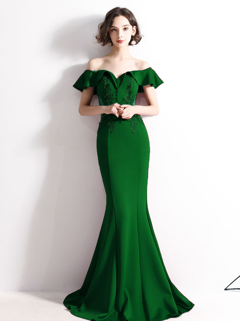Burgundy Off Shoulder Satin Lace Long Prom Dress, Burgundy Evening Dresses