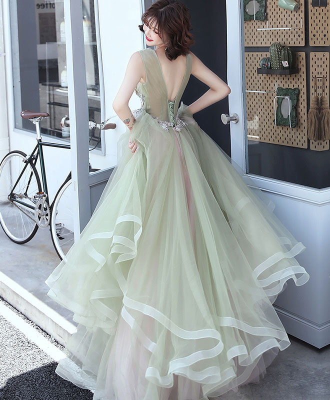 Green V Neck Tulle Lace Long Prom Dress, Green Formal Dress