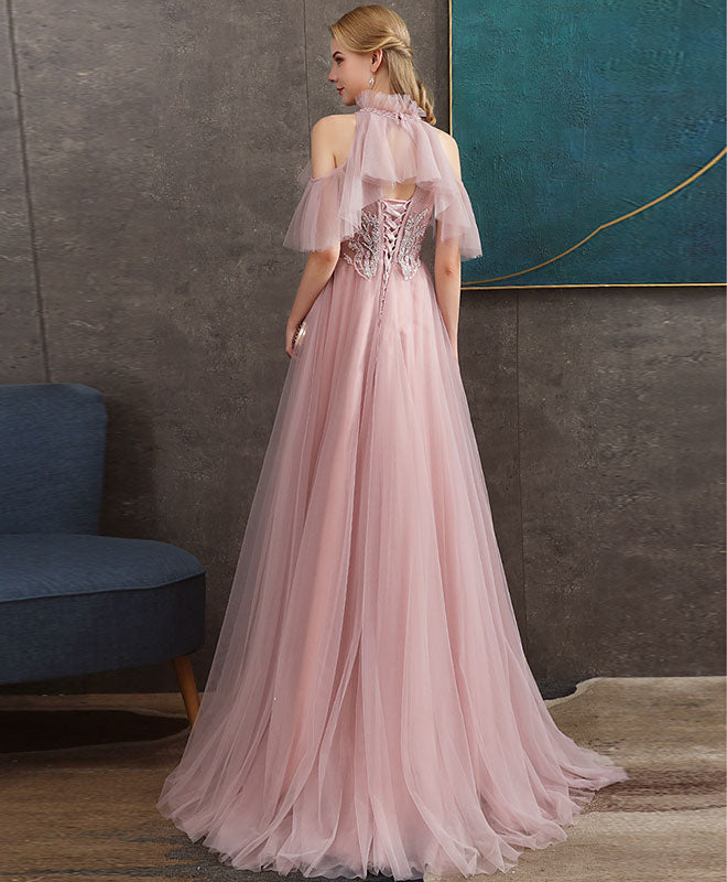 Pink Tulle Lace Long Prom Dress Pink Tulle Formal Graduation Dress with Beading