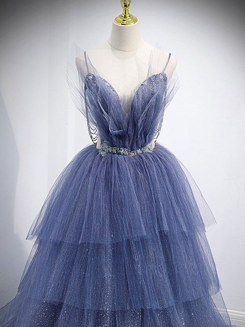 Blue Layers Tulle Long Prom Dresses, A-Line Spaghetti Straps Evening Dresses US 10 / Blue
