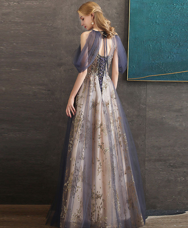 Gray Blue High Neck Tulle Lace Long Prom Dress Gray Tulle Formal Dress