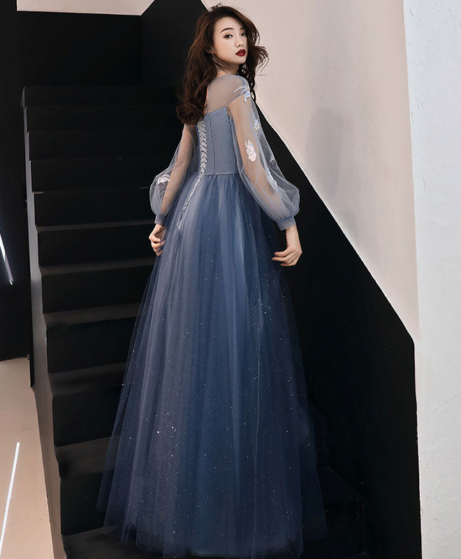 Blue Round Neck Tulle Lace Long Prom Dress Blue Formal Dress