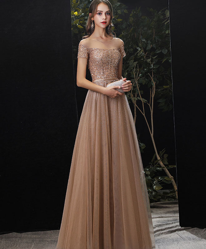Champagne Tulle Sequin Long Prom Dress, Champagne Tulle Formal Graduation Dress