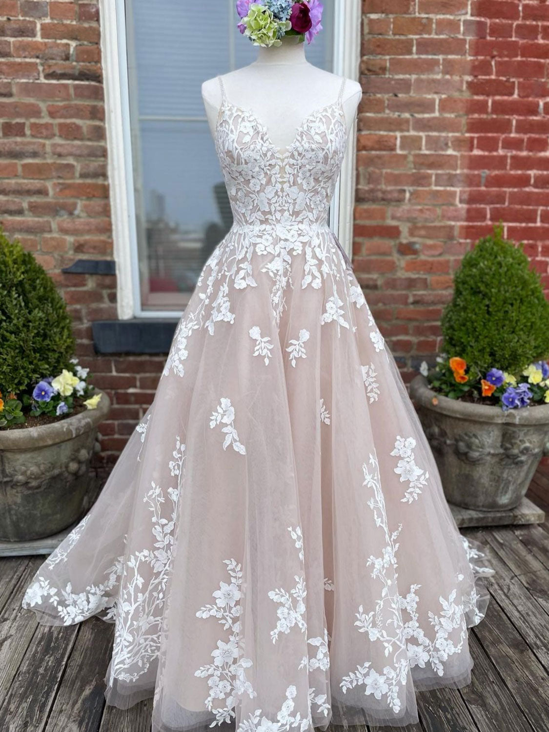 Champagne V Neck Tulle Lace Long Prom Dress, Lace Tulle Formal Dress