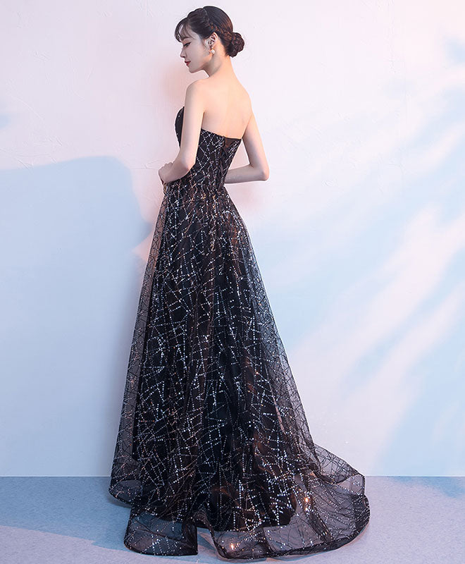 Black Tulle Sequin Long Prom Dress, Black Sequin Evening Dress