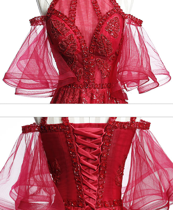 A-Line Off Shoulder Tulle Lace Burgundy Long Prom Dress, Evening Dress