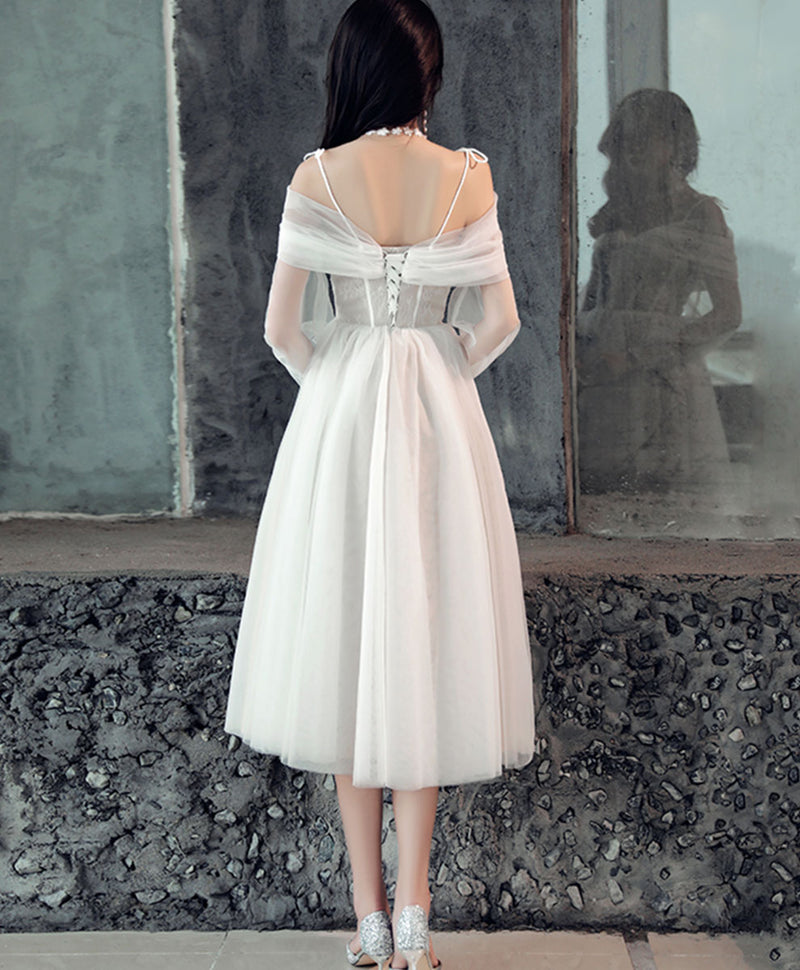white off the shoulder homecoming dress White Off Shoulder A-line Tulle Beaded Strapless Homecoming Dresses, MH403