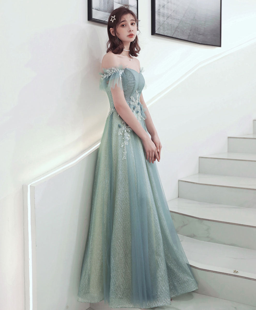 Green Aline Tulle Long Prom Dress, Green Formal Graduation Dress with Applique