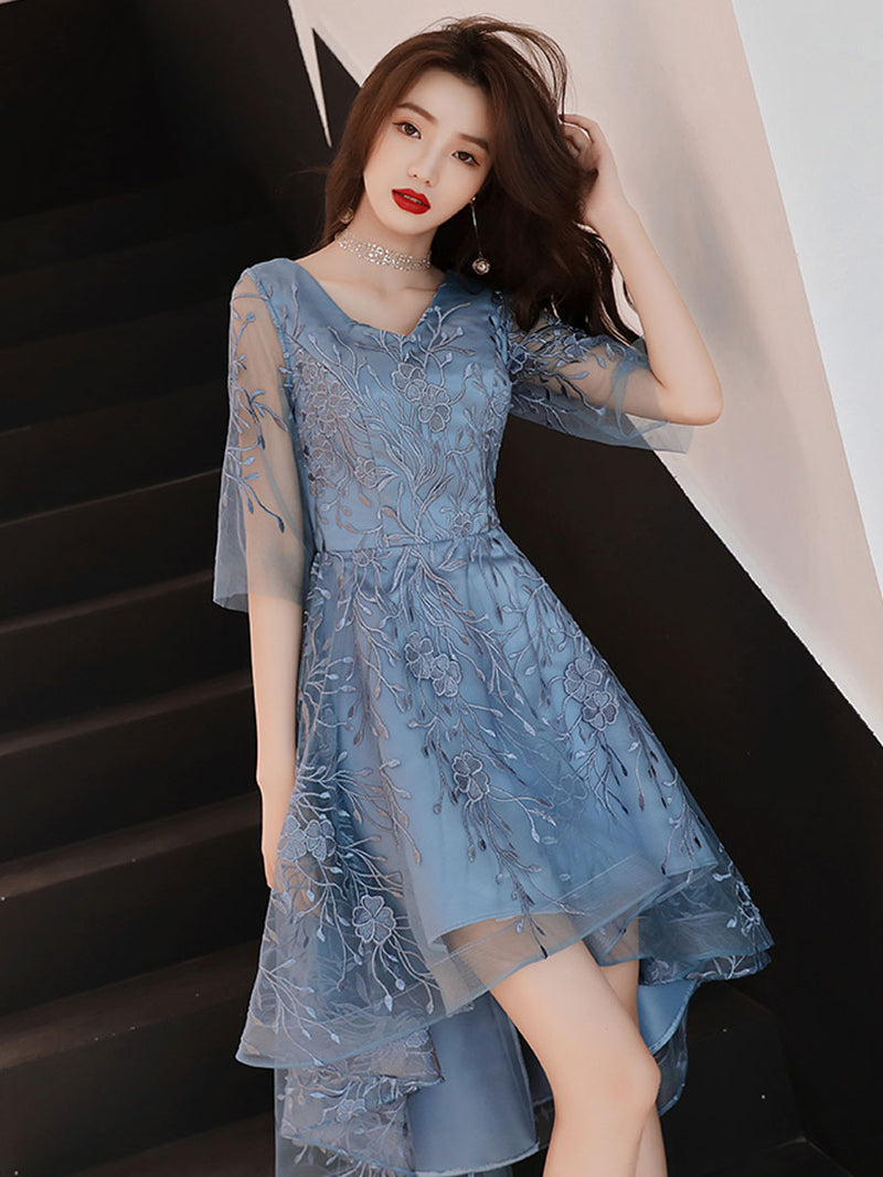 Blue V Neck Tulle Lace High Neck Prom Dress, Blue Lace Homecoming Dres – shopluu