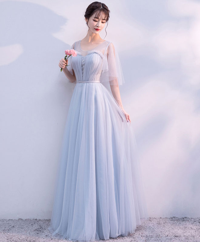 Gray V Neck Tulle Long Prom Dress, Gray Tulle Evening Dress