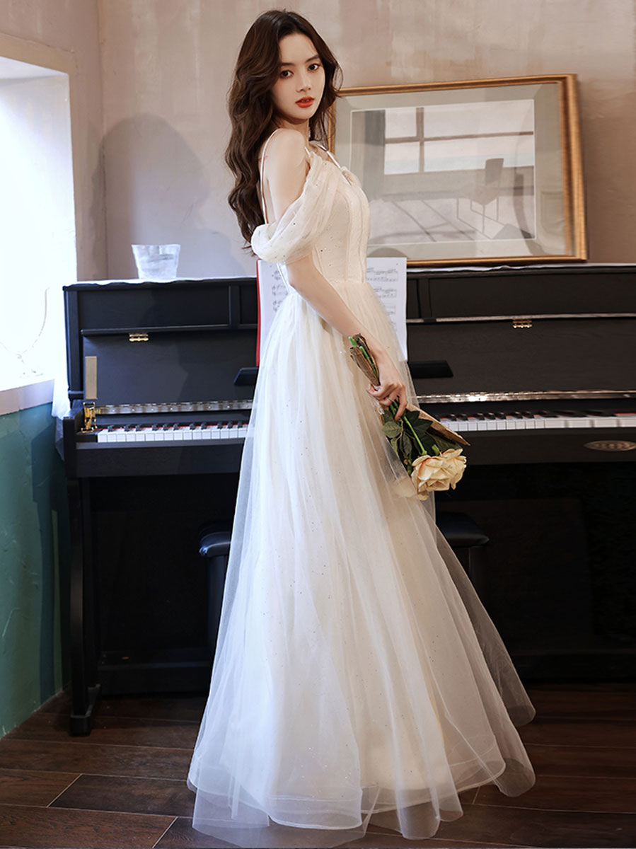 Simple White Off Shoulder Tulle Long Prom Dress, White Formal Dresses