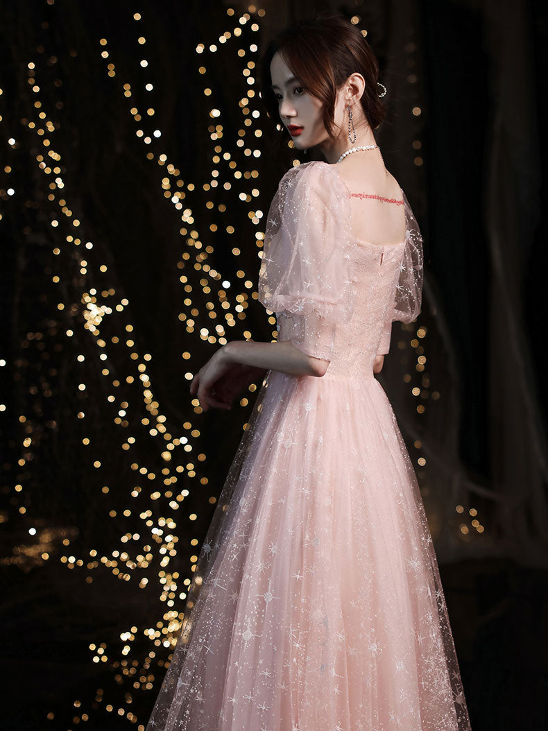 Pink Tulle Long Prom Dress, Pink Tulle Evening Dress