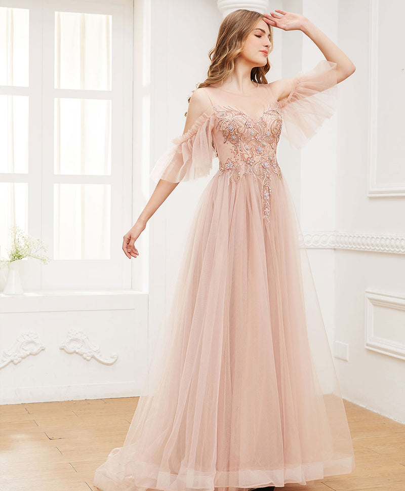 Pink Round Neck Tulle Beads Long Prom Dress Formal Dress shopluu Pink Round Neck Tulle Beads Long Prom Dress Formal Dress shopluu