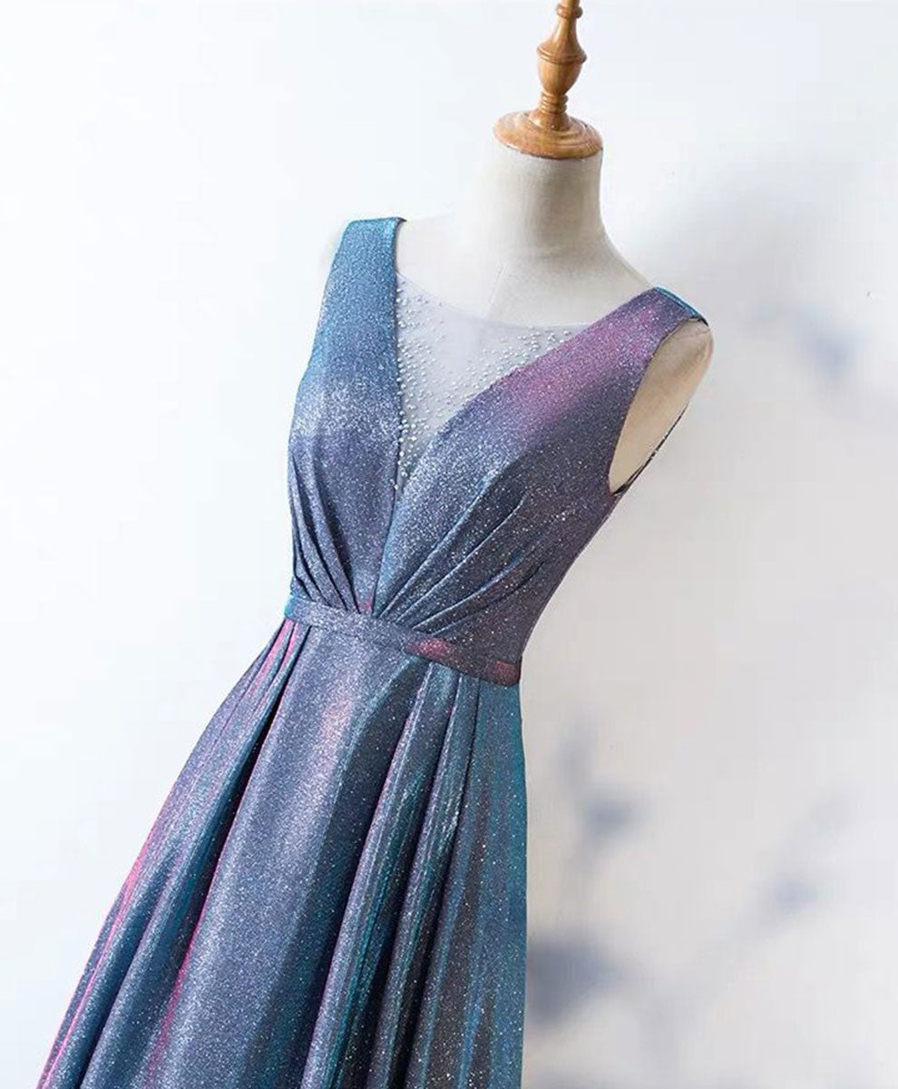 A-Line Blue Sequin Long Prom Dress Blue Formal Dress
