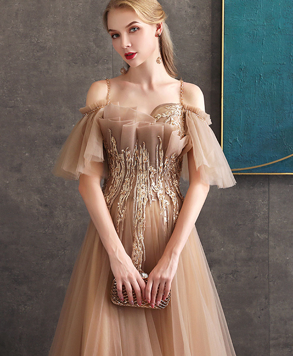 Champagne Tulle Lace Long Prom Dress Tulle Formal Dress