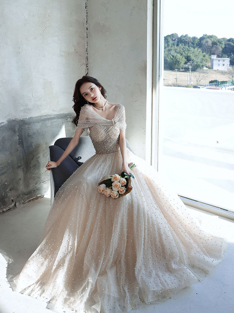 Champagne Tulle Beads Long Prom Dress Champagne Formal Dress