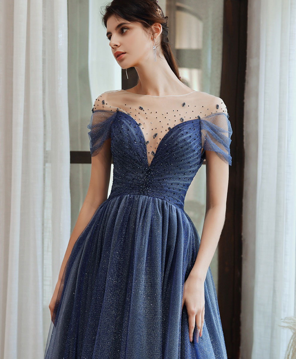 Blue Tulle Off Shoulder Sequin Long Prom Dress Blue Evening Dress