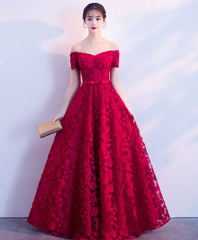 Burgundy Lace Long Prom Dress, Burgundy Lace Evening Dress