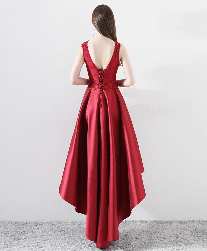 Burgundy Round Neck Lace Prom Dress, Burgundy Bridesmaid Dress