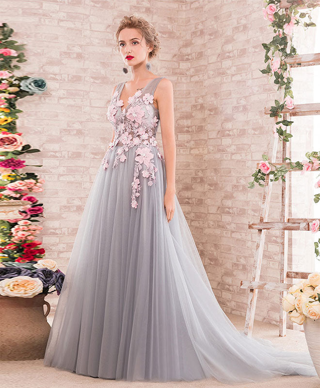 Gray A-Line V Neck Tulle Lace Applique Long Prom Dress, Gray Evening Dress US 2 / Gray Gray A-Line V Neck Tulle Lace Applique Long Prom Dress, Gray Evening Dress US 2 / Gray