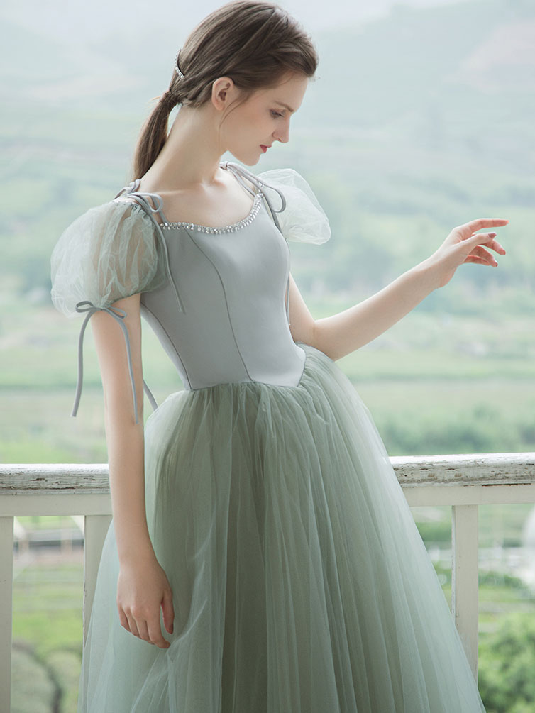 Simple Green Tulle Long Prom Dress, Green Tulle Evening Dress