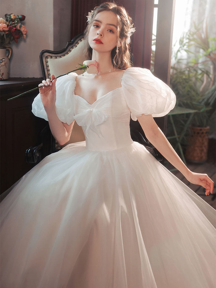 White Tulle Puffy Sleeves Long Prom Dress, White Tulle Sweet 16
