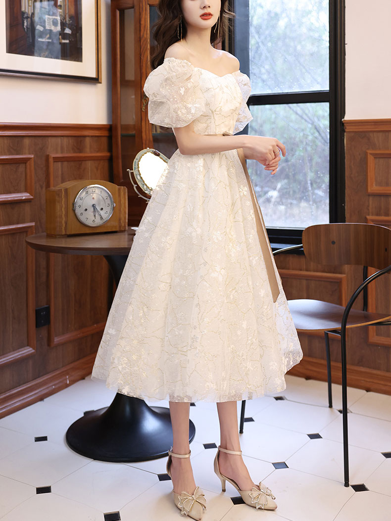 White A-line Lace Tulle Beige Short Prom Dress, Beige Homecoming Dress