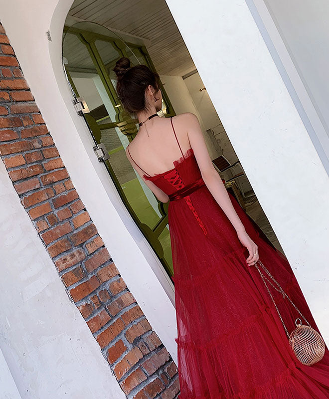 Burgundy A-Line Tulle Long Prom Dress Burgundy Tulle Formal Dress