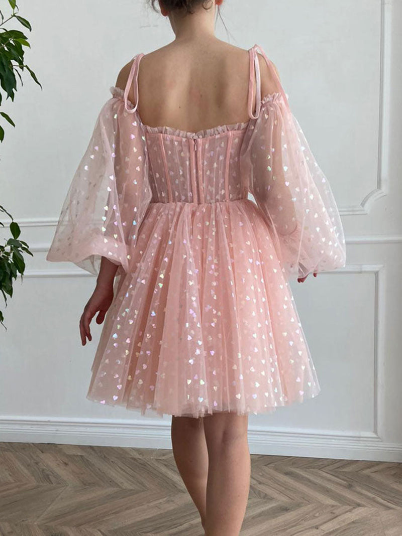 Pink Tulle Short Prom Dresses, Cute Puff Sleeved Mini Party Dresses US 6 / Custom Color Pink Tulle Short Prom Dresses, Cute Puff Sleeved Mini Party Dresses US 6 / Custom Color