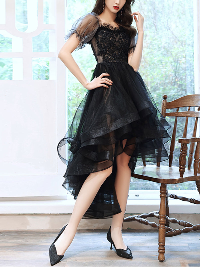 black lace tutu dress Black Lace Long Sleeve Tulle Party Mini Dresses misshow.com