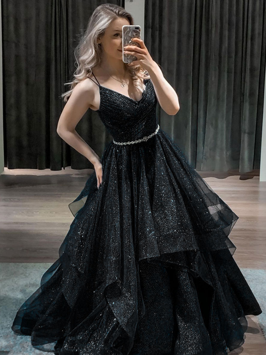 Blue V Neck Tulle Sequin Long Prom Dress Blue Formal Dress