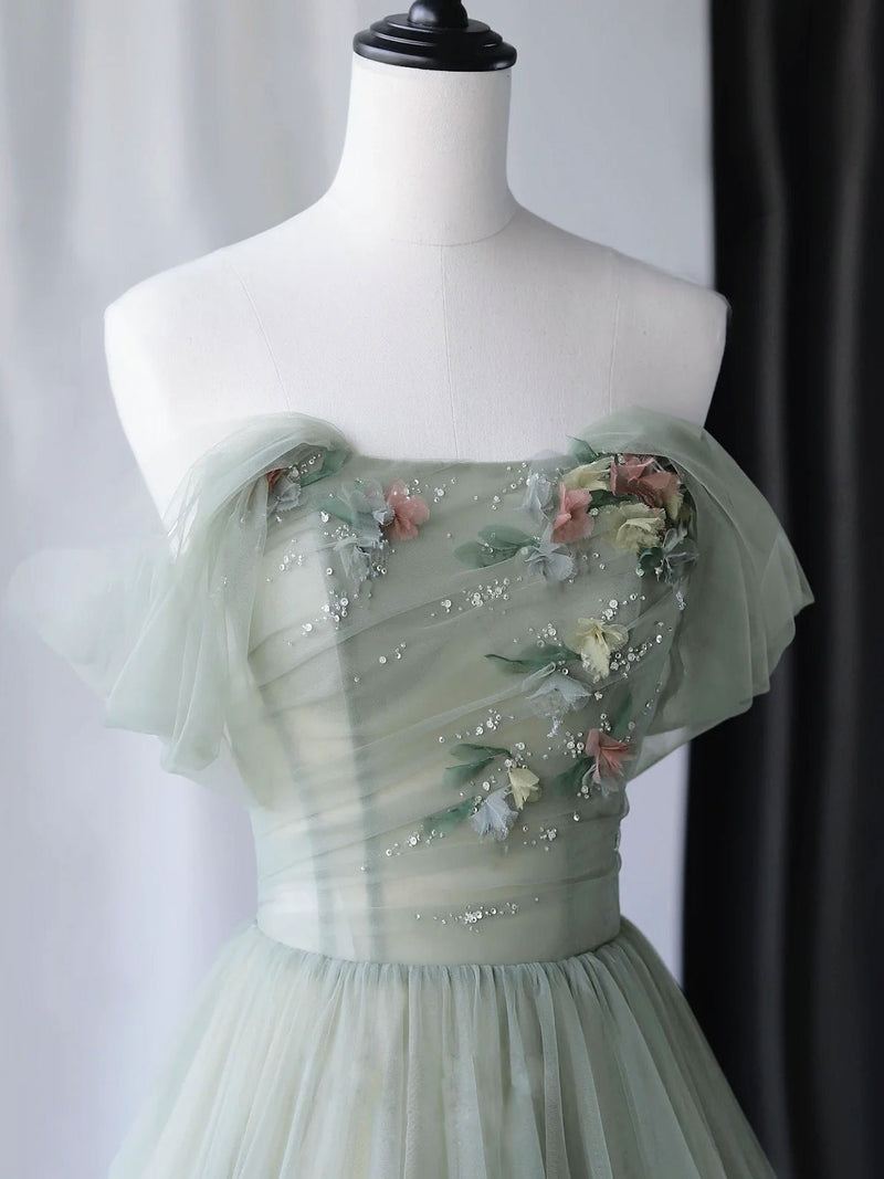 Beautiful Green Tulle Long Prom Dress, Off Shoulder Evening Dress US 2 / Custom Color Beautiful Green Tulle Long Prom Dress, Off Shoulder Evening Dress US 2 / Custom Color