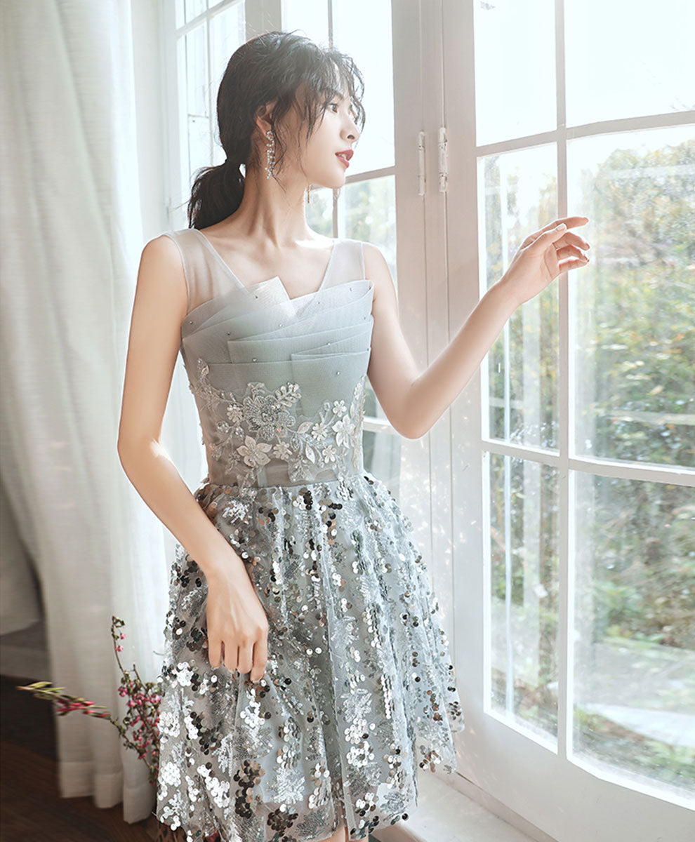 Gray Tulle Lace Sequin Short Prom Dress Gray Cocktail Dress