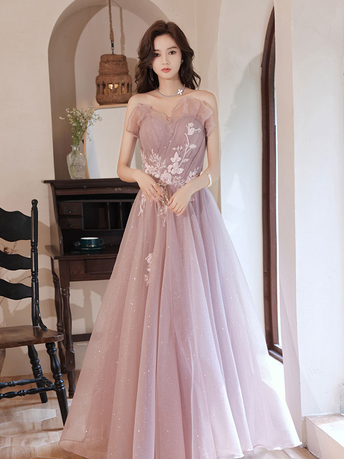 shopluu Pink A Line Tulle Lace Applique Long Prom Dress, Pink Evening Dresses US 12 / Pink