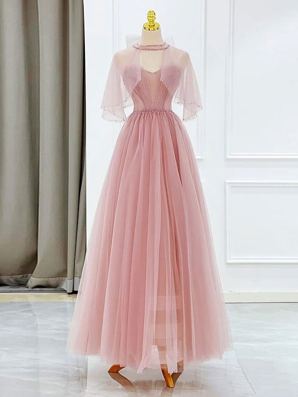 Pink Tulle Tea Length Prom Dress, Pink Tulle Formal Dress – shopluu