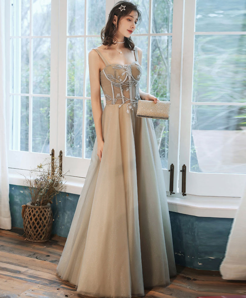 prom dresses champaign il A Line Open Back Champagne Lace Tulle Long Dress, Champagne Lace morievent Item Descriptions prom dresses champaign il dress