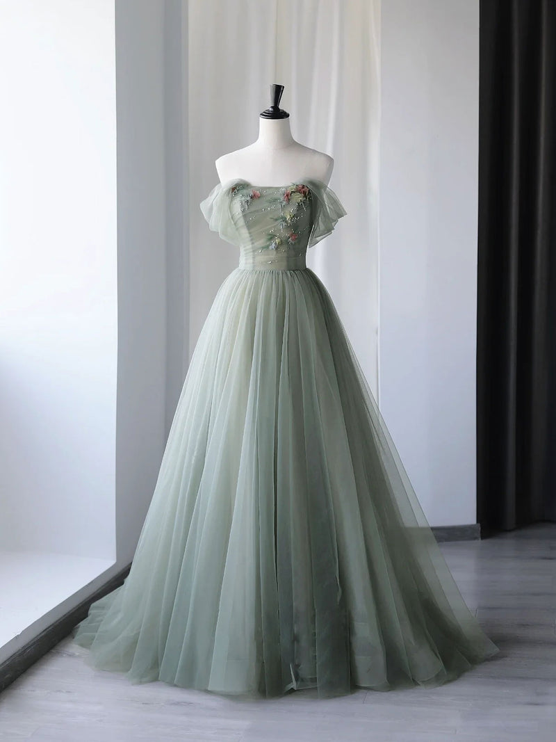 Gray Green Tulle Off Shoulder Long Prom Dress, Gray Green Formal Gradu shopluu Gray Green Tulle Off Shoulder Long Prom Dress, Gray Green Formal Gradu shopluu