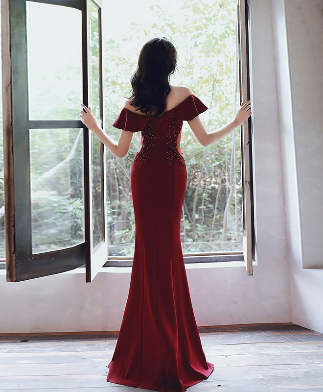 Burgundy Off Shoulder Mermaid Long Prom Dress Burgundy Evening Dress