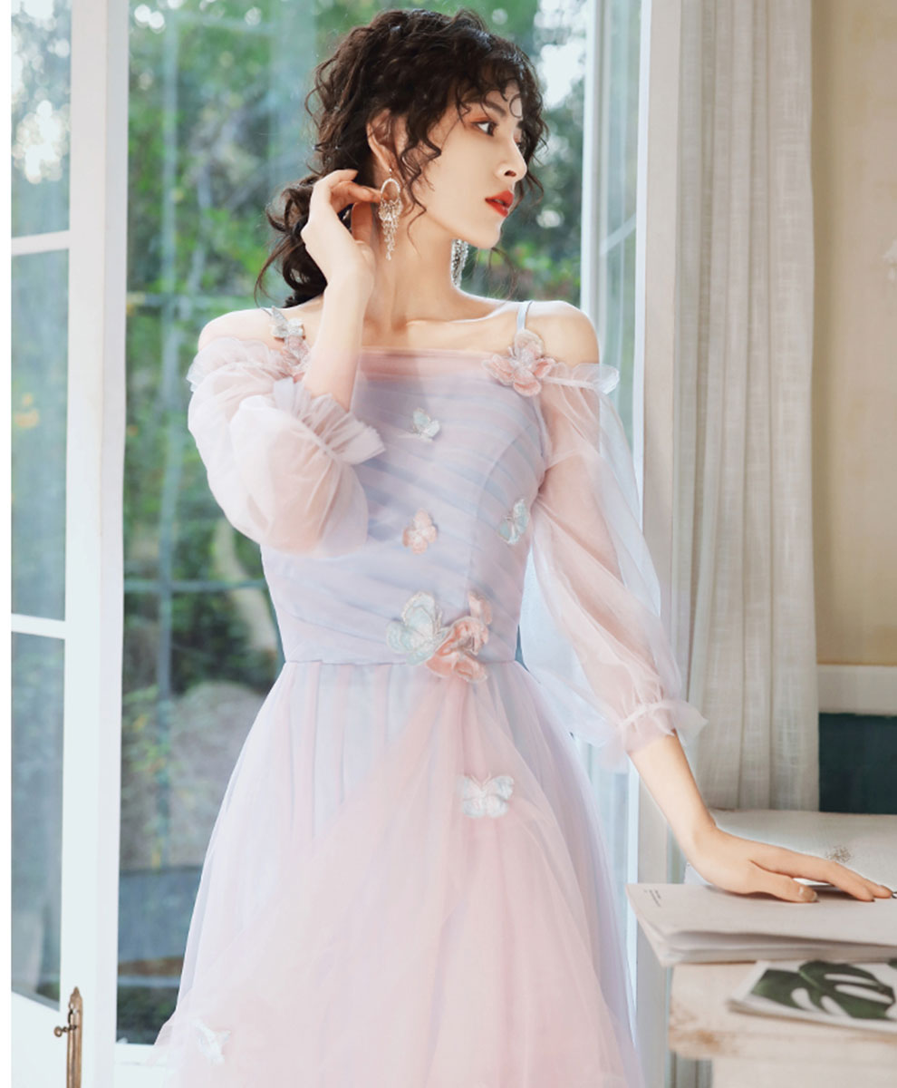 Elegant Pink Blue Tulle Long Prom Dress Pink Blue Formal Dress