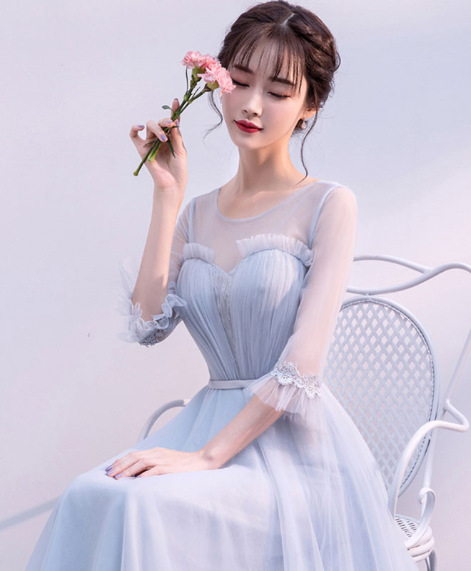 Gray V Neck Tulle Long Prom Dress, Gray Tulle Evening Dress