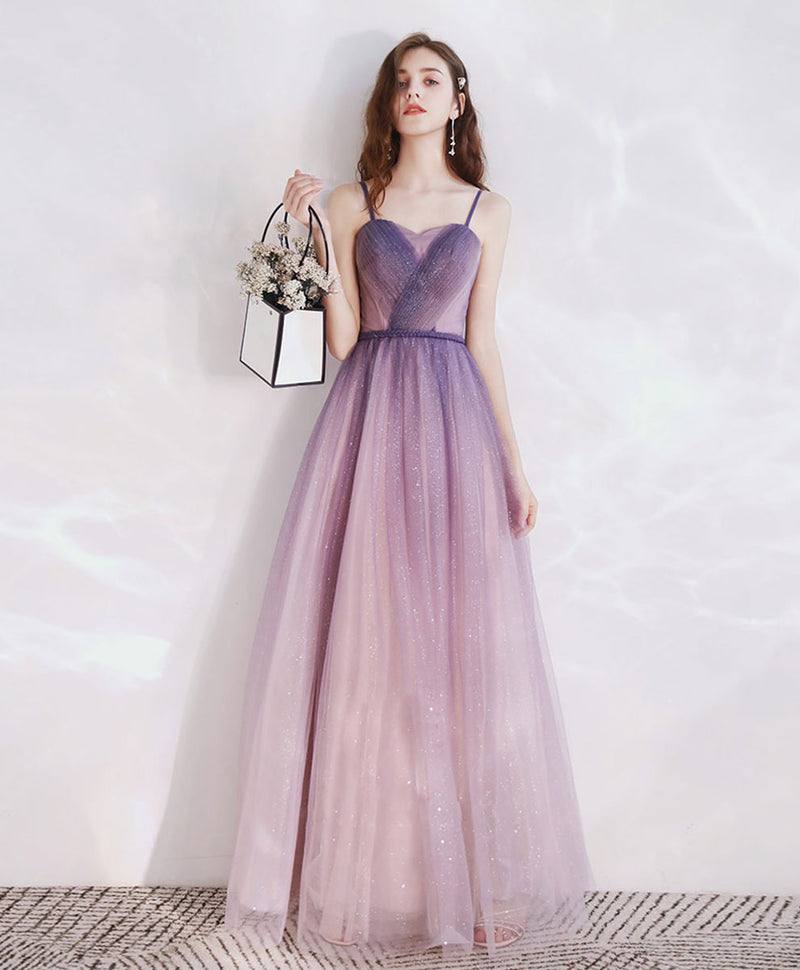 Purple Aline Tulle Long Prom Dress, Tulle Long Purple Evening Dress – shopluu